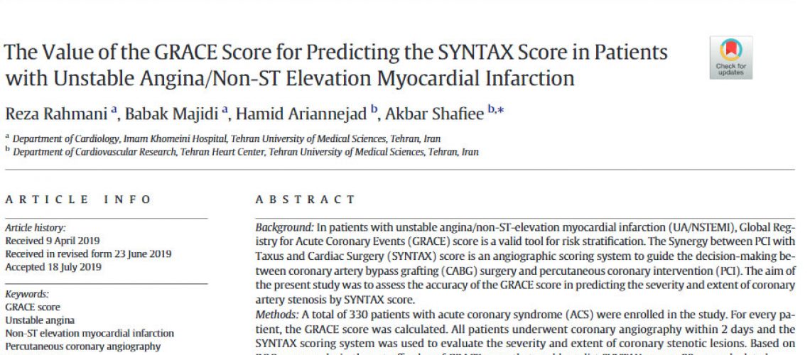 Our results showed a positive correlation between GRACE score and angiographic SYNTAX score. GRACE score had a significant but modest capacity to predict the severity and its high negative predictive value could help to speculate that a patient may have normal or mild CAD prior to coronary angiography. It may also assist the cardiologist to stratify the patients' risk and decide on the choice of revascularization strategy. Nonetheless, our results need to be validated by larger studies in the future.